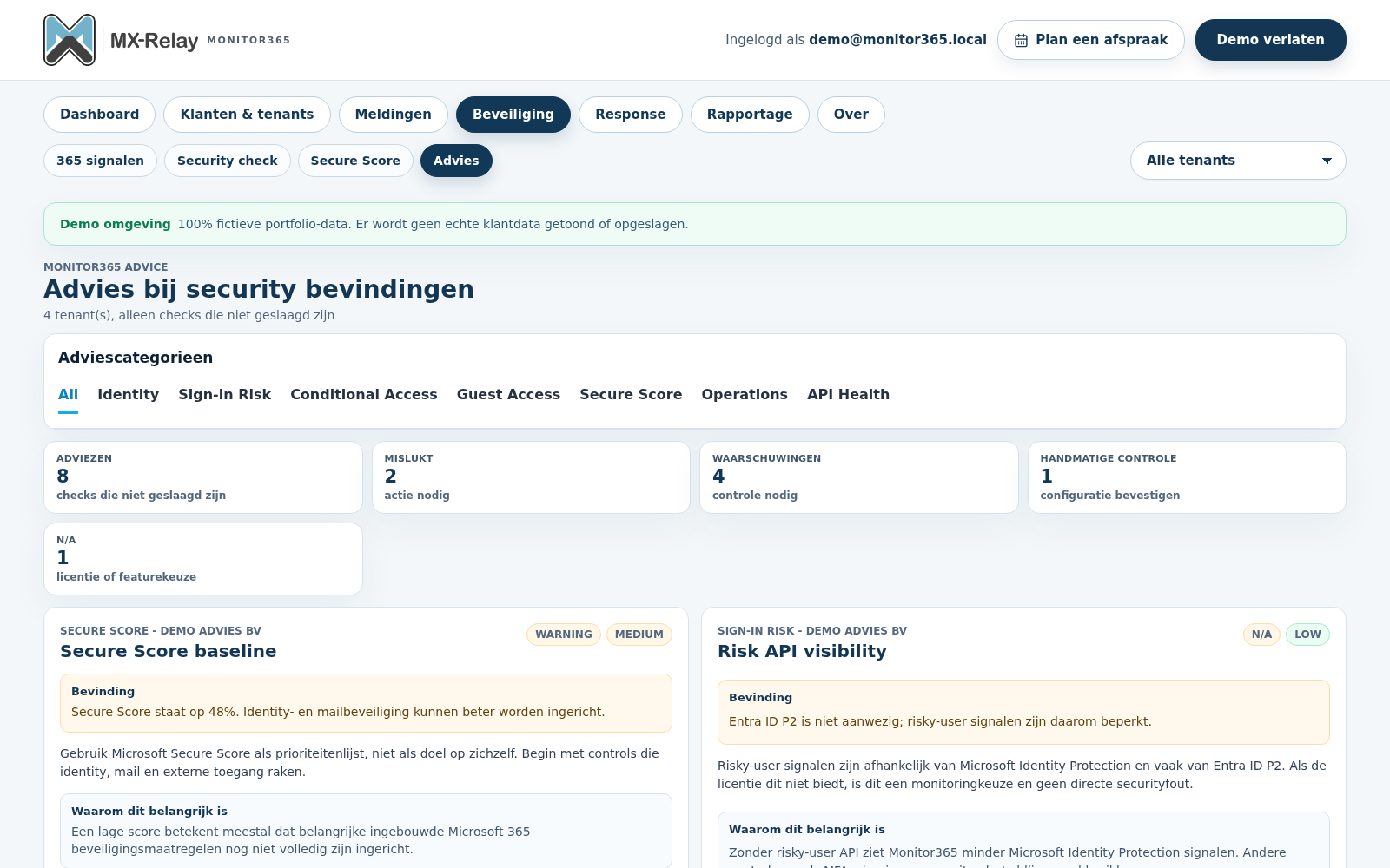 Monitor365 advieskaarten met bevindingen en aanbevolen stappen