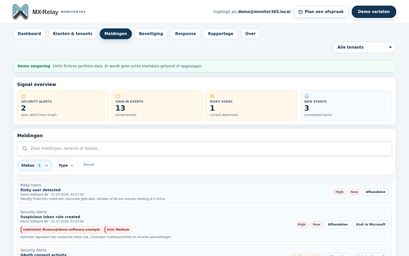 Monitor365 meldingenoverzicht met security alerts en sign-in events